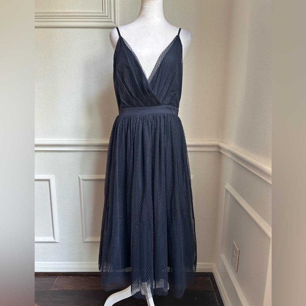 Express Navy Blue Midi Dress with Tulle & Lace Trim